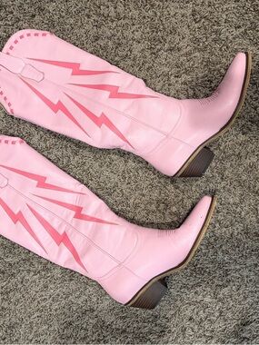 Pink Over-the-Knee Western Boots with Lightning Detail & Small Pockets Inside